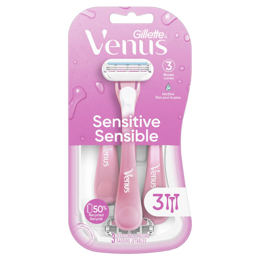 Venus Sensitive Women's 3 Blade Disposable Razor, 3 count, Pink