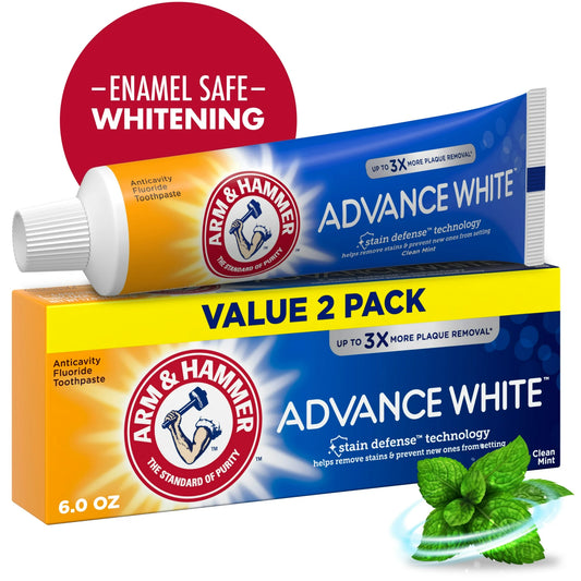 ARM & HAMMER Advance White Anticavity Whitening Toothpaste with Fluoride, Clean Mint, 6 oz, 2 Pack