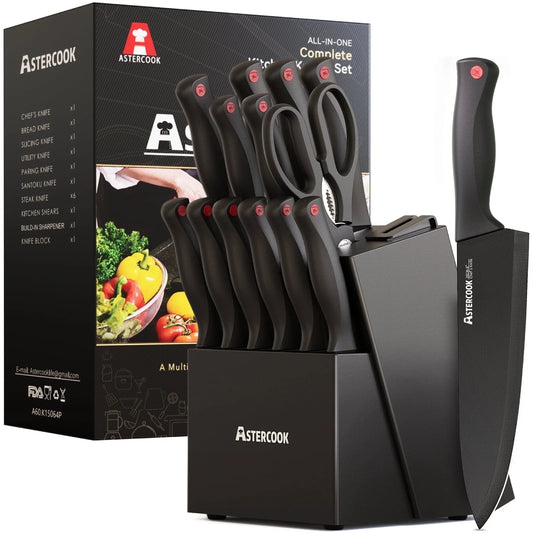 Astercook Kitchen Knife Set, 15 Pcs Knives Block Set with Built-in Sharpener, Healthy Anti-Rust Coating & German Stainless Steel Knife Set, Dishwasher Safe Black