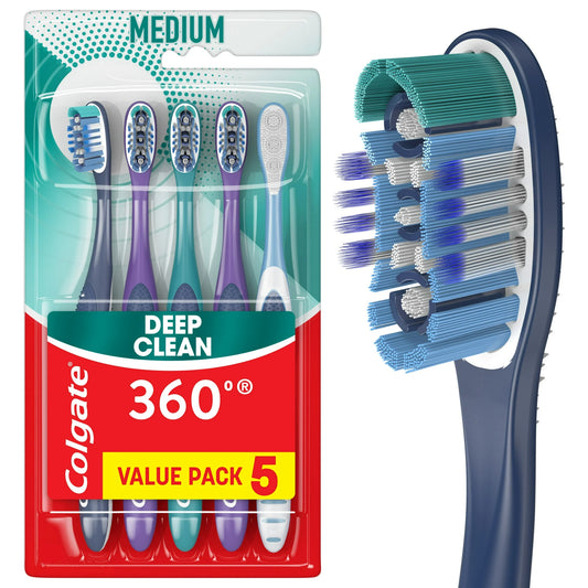 Colgate 360 Whole Mouth Clean Adult Manual Toothbrush, Medium, 5 Pack