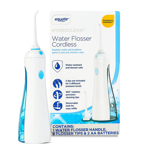 Equate HydroClean Cordless Water Flosser with Removable Tank, 2 Pressure Cleaning Tips, White