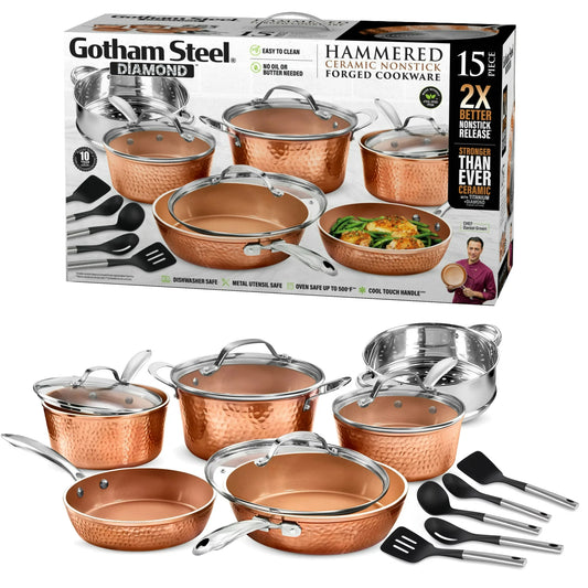 Gotham Steel Nonstick Pots and Pans 15 Piece Set Ceramic Cookware Kitchen Set Hammered With Frying Skillet Saucepan