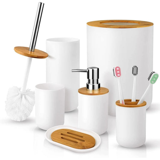 livhil 7-Piece Bamboo and Plastic Bath Accessories Set, White