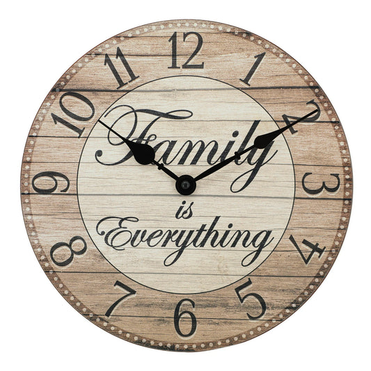 Westclox Farmhouse Style Analog Wall Clock, 11", Quartz Movement, Brown MDF, “Family Is Everything”