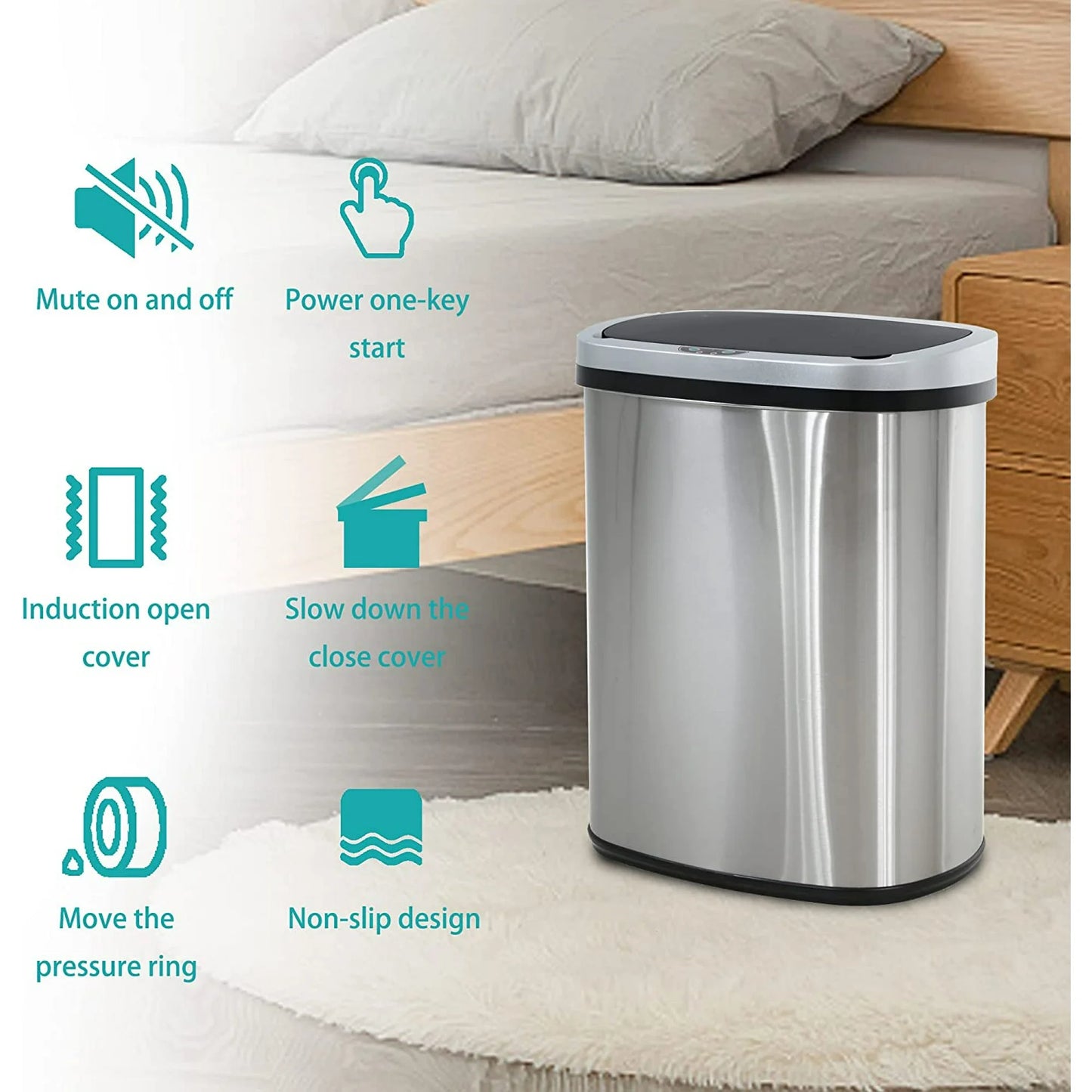 BestOffice 13 Gallon Stainless Steel Touchless Garbage Trash Can with Motion Sensor for Indoor Use(Silver)