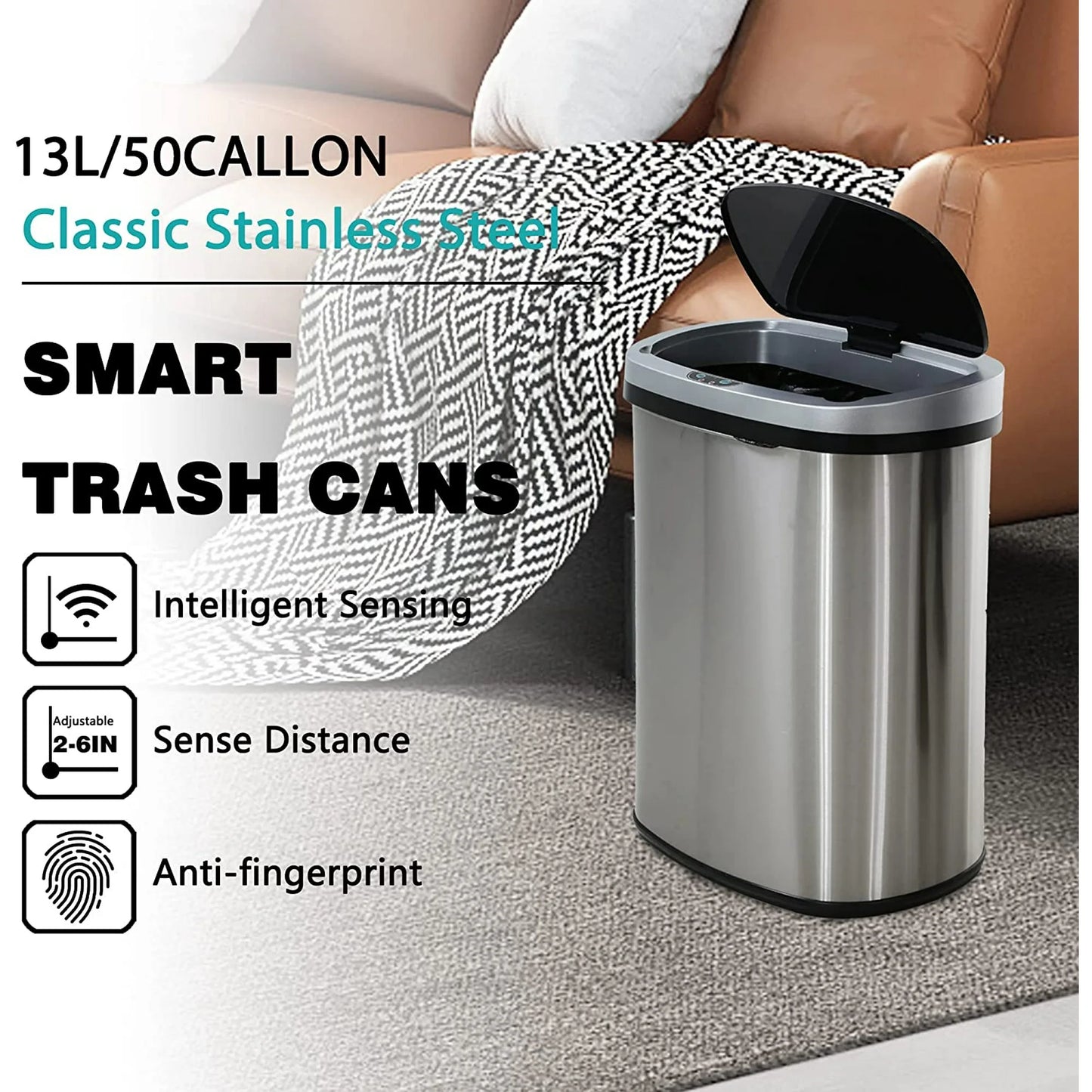 BestOffice 13 Gallon Stainless Steel Touchless Garbage Trash Can with Motion Sensor for Indoor Use(Silver)